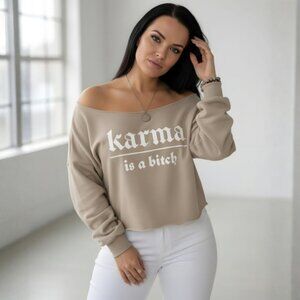 Fashion Nova ✦ Karma Is a B Sweatshirt ✦ Mocha Off‑Shoulder Graphic Raw Hem NWT